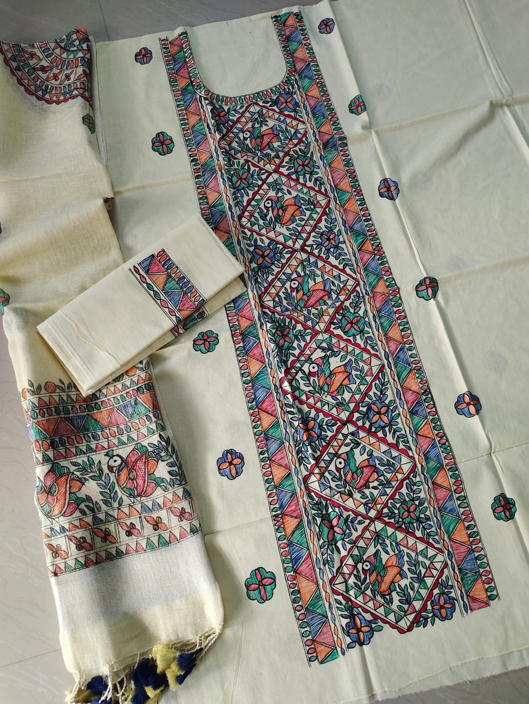 Unstitched Linen Suit with Madhubani Painting